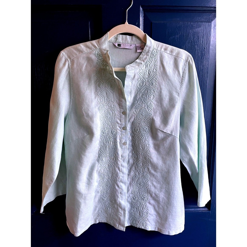 Carole Little Linen Blouse Blue Embroidered Mandarin Collar Blouse Large